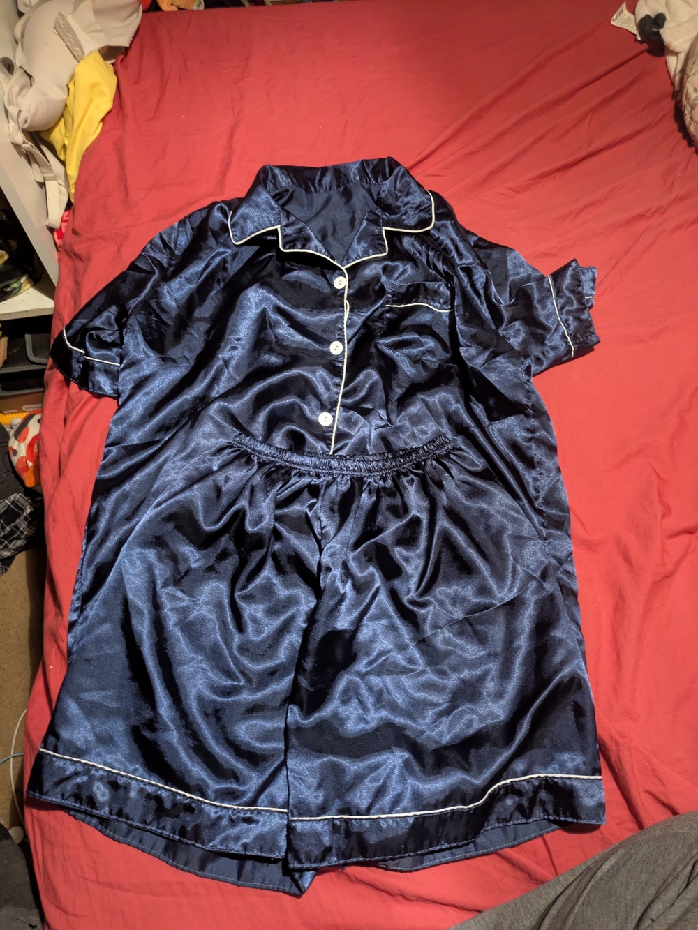 SHEIN Navy Satin Short Pajama Set with Contrast Piping